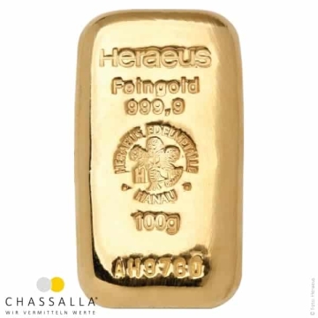 100 Gramm Goldbarren Heraeus (gegossen)
