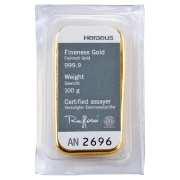 100 Gramm Goldbarren Heraeus (gegossen)