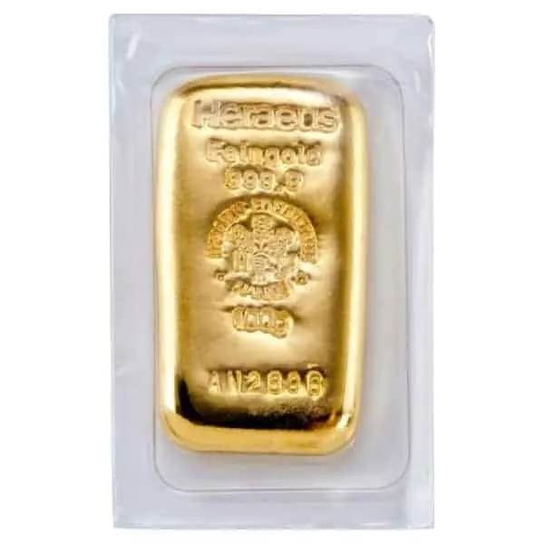 100 Gramm Goldbarren Heraeus (gegossen)